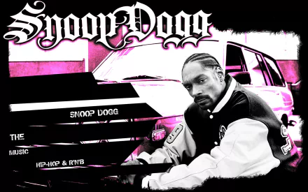 HD PC desktop wallpaper featuring Snoop Dogg with his name in bold gothic text and a stylized image of him leaning against a car, highlighting music and hip-hop vibes.