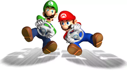 HD PC desktop wallpaper featuring Mario and Luigi racing with steering wheels from the video game Mario Kart Wii on a white background.