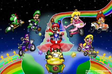 HD PC desktop wallpaper featuring Mario Kart Wii characters racing on Rainbow Road under a starry sky.