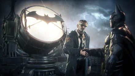 HD PC desktop wallpaper from the video game Batman: Arkham Knight featuring Batman and Commissioner Gordon shaking hands by the illuminated Bat-Signal at night.