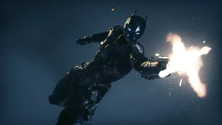 A striking HD wallpaper from the video game Batman: Arkham Knight, featuring Batman in an action pose, wielding a weapon against a dramatic backdrop.