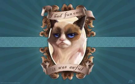 A humorous HD desktop wallpaper featuring Grumpy Cat, with a framed portrait and the caption, I had fun once, it was awful, against a vibrant background.