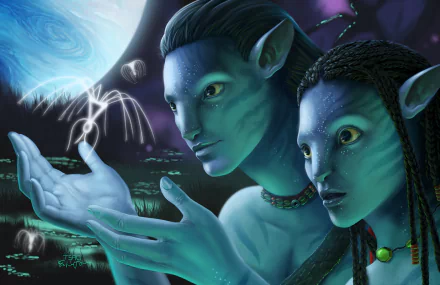 HD desktop wallpaper featuring two characters from the movie Avatar, exploring magical elements in a mystical nocturnal setting.
