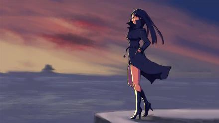 HD PC desktop wallpaper featuring Satsuki Kiryūin from the anime Kill La Kill, standing confidently against a dramatic sunset sky backdrop.