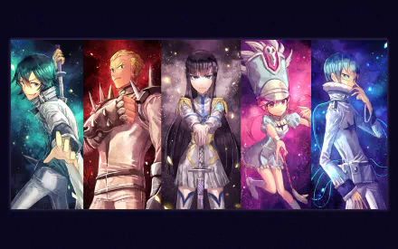 HD anime wallpaper featuring five characters from Kill La Kill, each in distinct poses and colorful backgrounds, designed for PC desktop use.