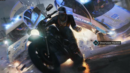 Aiden Pearce rides a motorcycle in this dynamic HD desktop wallpaper from the video game Watch Dogs, showcasing an intense chase with police cars in a gritty urban setting.