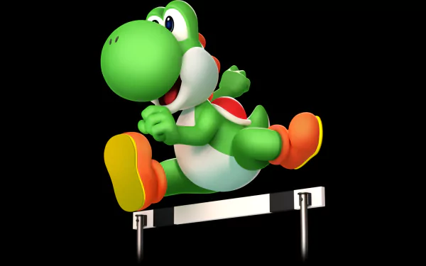 HD PC desktop wallpaper featuring Yoshi from the video game Mario & Sonic at the London 2012 Olympic Games, depicted mid-jump over a hurdle on a black background.