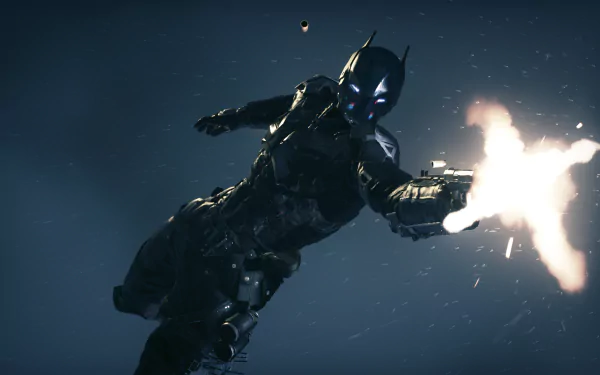 A striking HD wallpaper from the video game Batman: Arkham Knight, featuring Batman in an action pose, wielding a weapon against a dramatic backdrop.