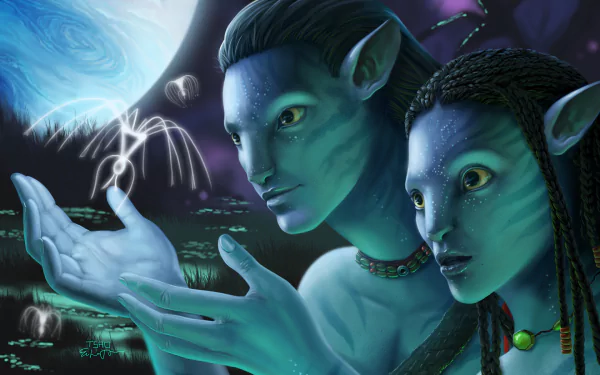 HD desktop wallpaper featuring two characters from the movie Avatar, exploring magical elements in a mystical nocturnal setting.