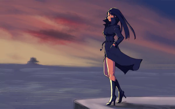 HD PC desktop wallpaper featuring Satsuki Kiryūin from the anime Kill La Kill, standing confidently against a dramatic sunset sky backdrop.