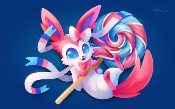 HD desktop wallpaper featuring Sylveon, a Pokémon from the Eeveelutions series, holding a colorful lollipop against a blue background.