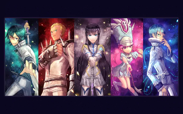 HD anime wallpaper featuring five characters from Kill La Kill, each in distinct poses and colorful backgrounds, designed for PC desktop use.
