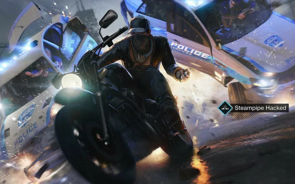 Aiden Pearce rides a motorcycle in this dynamic HD desktop wallpaper from the video game Watch Dogs, showcasing an intense chase with police cars in a gritty urban setting.