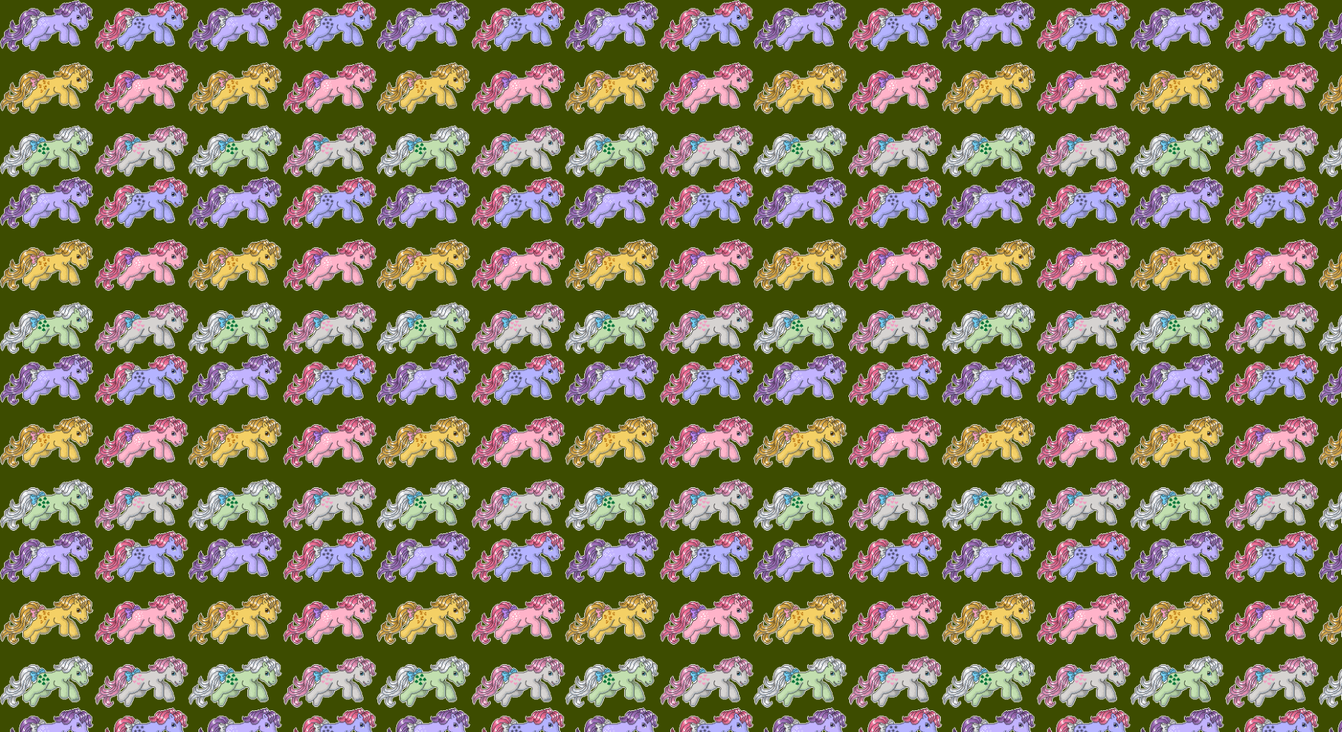 HD PC desktop wallpaper featuring a repeating pattern of colorful My Little Pony TV show character silhouettes arranged in rows on a dark background.