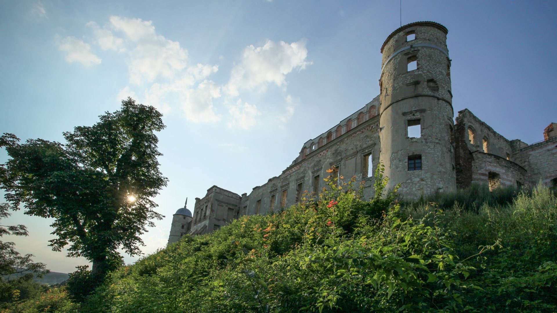 Man-made Janowiec Castle ruins on a grassy hill under a bright sky — 2K Quad HD PC desktop wallpaper and background.