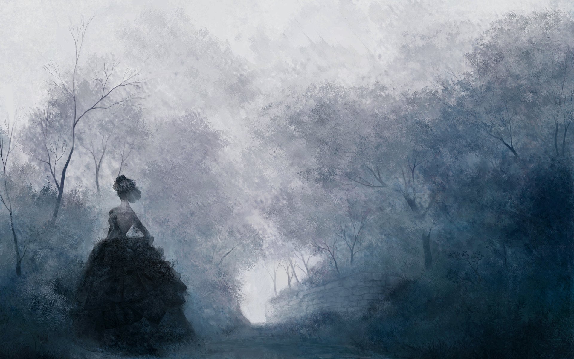 HD desktop wallpaper featuring an artistic depiction of a woman in a mystical, foggy forest setting with shades of blue and gray.