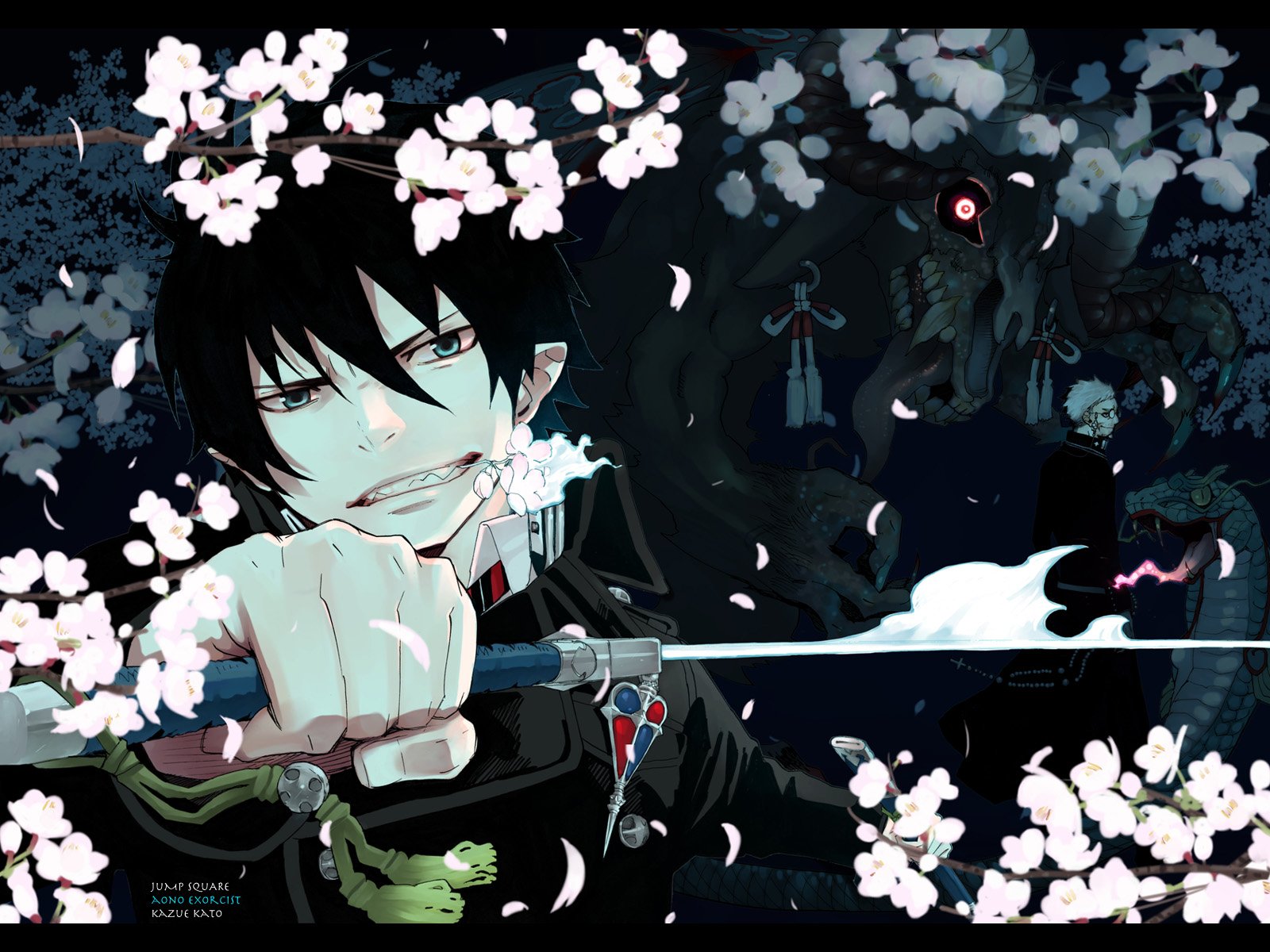 A striking HD wallpaper from Blue Exorcist, featuring a character poised with determination, surrounded by cherry blossoms and dark, mysterious figures in the background.