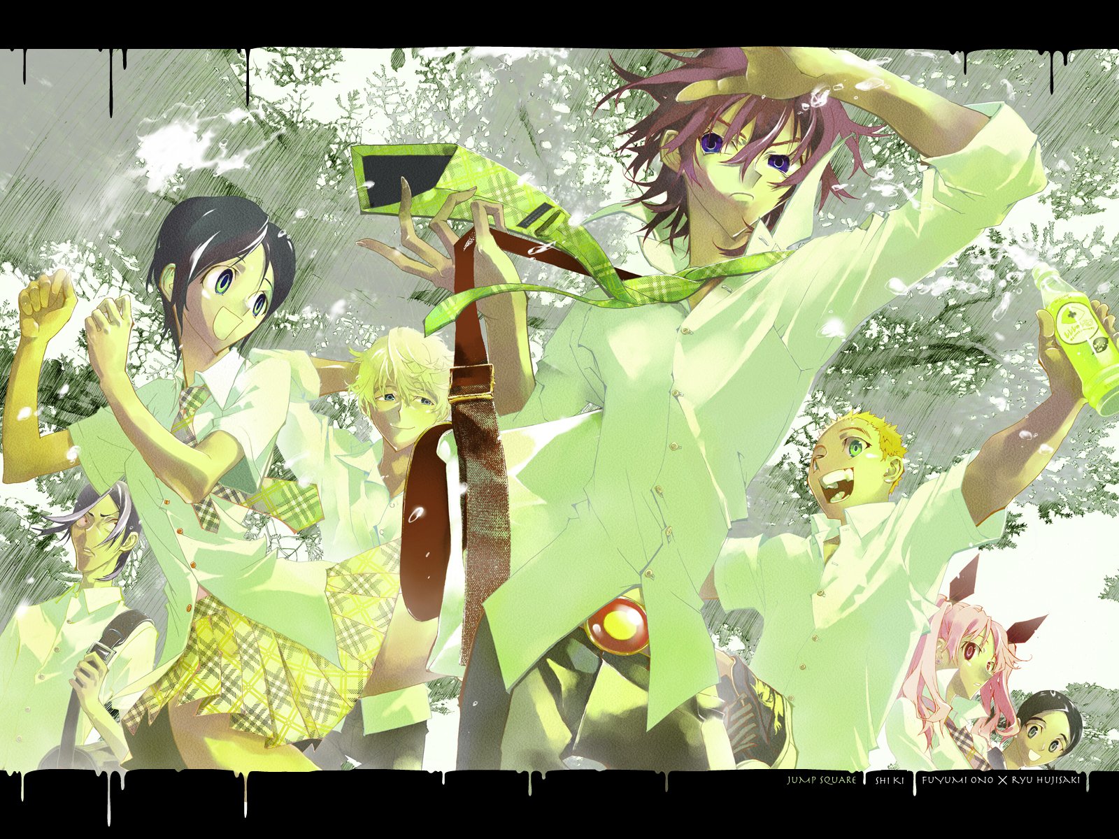 A vibrant HD desktop wallpaper featuring characters from anime Shiki, surrounded by a lush green backdrop, capturing an energetic and lively scene.