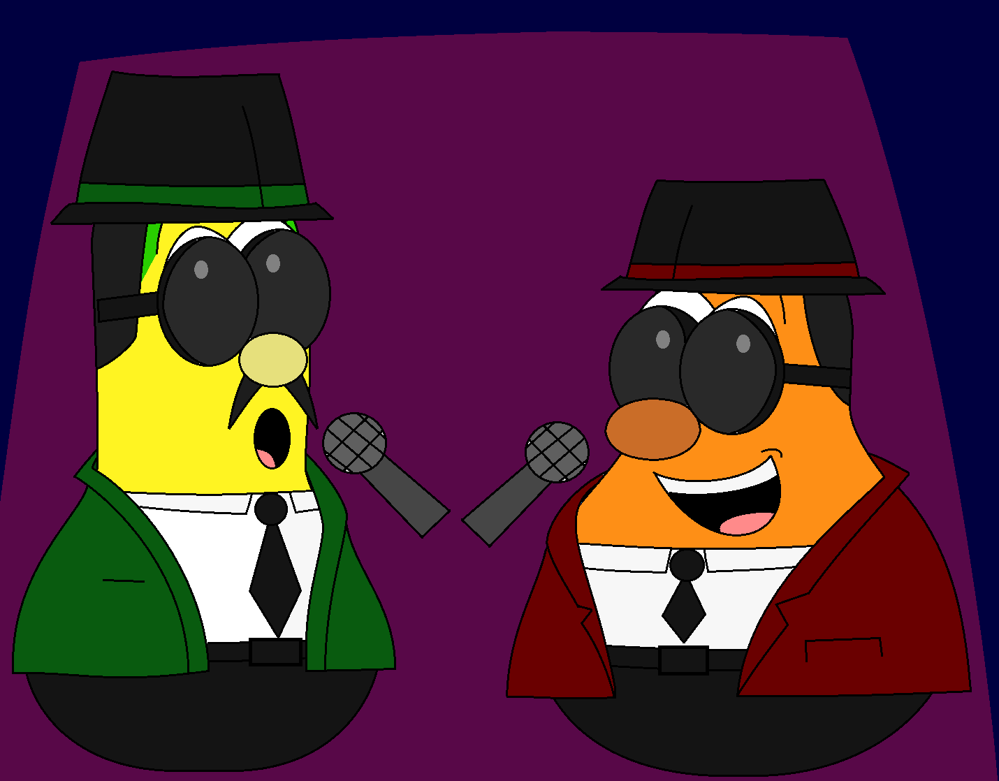 HD PC desktop wallpaper and background from TV show VeggieTales: two suited, hat-wearing veggie singers in sunglasses share microphones on a purple stage.