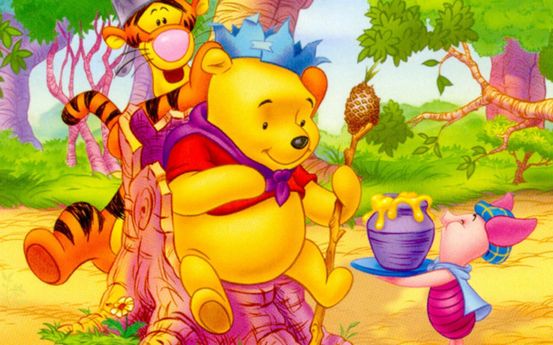 Colorful HD wallpaper featuring beloved characters from the TV show Winnie the Pooh, including Pooh, Tigger, and Piglet enjoying a sunny day in the Hundred Acre Wood.