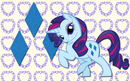 HD PC desktop wallpaper of Sparkler from the TV show My Little Pony: Friendship Is Magic — light-blue unicorn with dark-blue and magenta mane in a playful pose over repeating heart-and-diamond pattern.