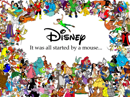 HD desktop wallpaper featuring a vibrant collage of various Disney characters with the Disney logo and the quote It was all started by a mouse... in the center.