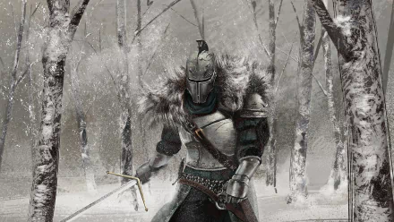 HD wallpaper featuring a knight from Dark Souls II, clad in armor and wielding a sword, standing in a snowy forest.