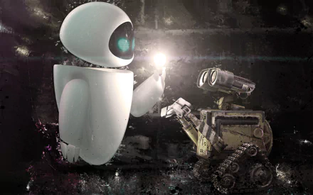 HD PC desktop wallpaper featuring Wall·E and Eve from the movie Wall·E, with Eve holding a glowing light in a dark, textured background.