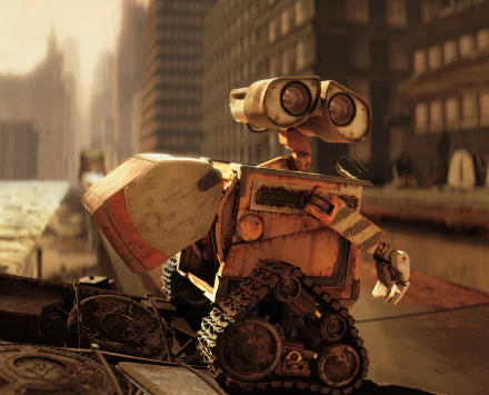 HD PC desktop wallpaper featuring Wall·E from the movie, set against a sunlit, urban background with detailed textures and warm lighting.