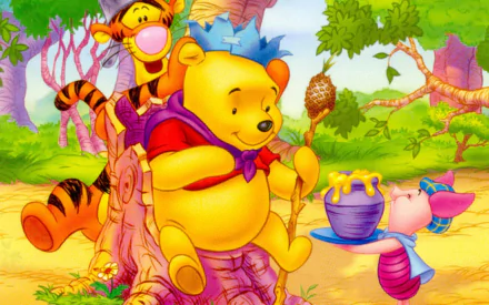 Colorful HD wallpaper featuring beloved characters from the TV show Winnie the Pooh, including Pooh, Tigger, and Piglet enjoying a sunny day in the Hundred Acre Wood.