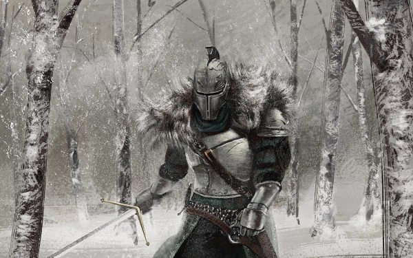 HD wallpaper featuring a knight from Dark Souls II, clad in armor and wielding a sword, standing in a snowy forest.