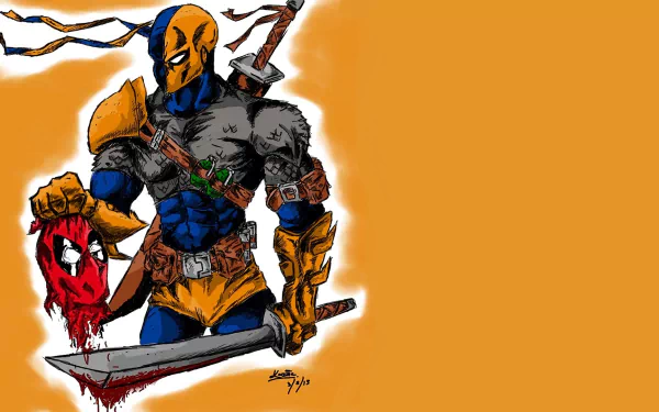 An action-packed HD wallpaper featuring Slade Wilson, also known as Deathstroke, wielding a sword and holding Deadpool's masked head against an orange background.