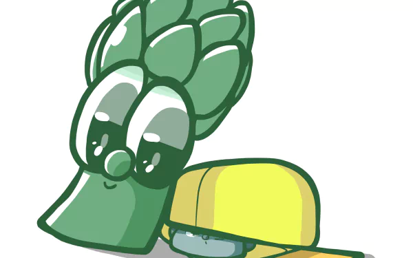 HD PC desktop wallpaper of VeggieTales TV show character Junior Asparagus with big eyes wearing a yellow cap against a white background