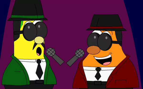 HD PC desktop wallpaper and background from TV show VeggieTales: two suited, hat-wearing veggie singers in sunglasses share microphones on a purple stage.