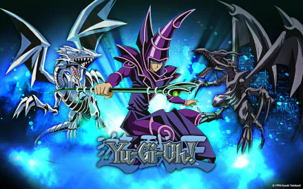HD desktop wallpaper featuring Blue-Eyes White Dragon and Dark Magician from the Yu-Gi-Oh! anime, against a vibrant blue and black background. The Yu-Gi-Oh! logo is prominently displayed at the bottom.