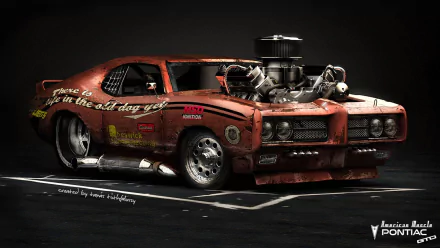 Rusted, heavily modified Pontiac GTO muscle vehicle with exposed supercharged engine and side exhausts on a dark background — HD PC desktop wallpaper.