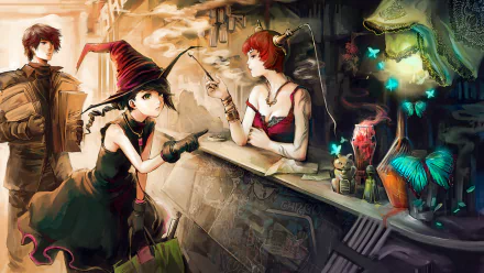 Fantasy-themed artistic HD desktop wallpaper depicting a young witch interacting with a bartender in a mystical, softly glowing tavern setting.