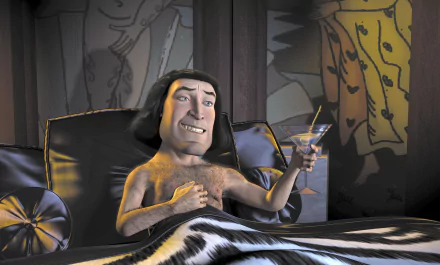 HD PC desktop wallpaper featuring Lord Farquaad from the movie Shrek, reclining with a smug expression while holding a martini glass.