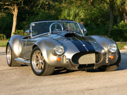 HD desktop wallpaper featuring a classic AC Cobra vehicle parked on a sunlit road surrounded by greenery.