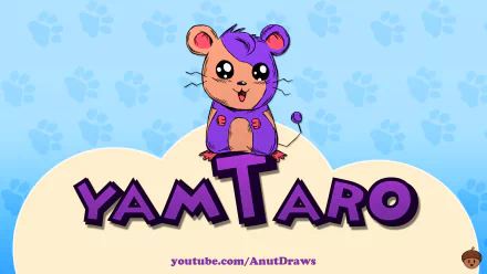 Anime Hamtaro HD PC desktop wallpaper showing a purple-haired hamster named YamTaro perched above a bold logo on a blue paw-print background.