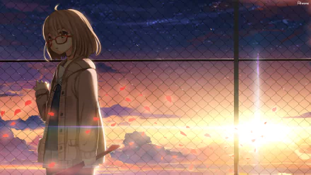 HD desktop wallpaper featuring Mirai Kuriyama from Beyond the Boundary, standing pensively by a fence at sunset.