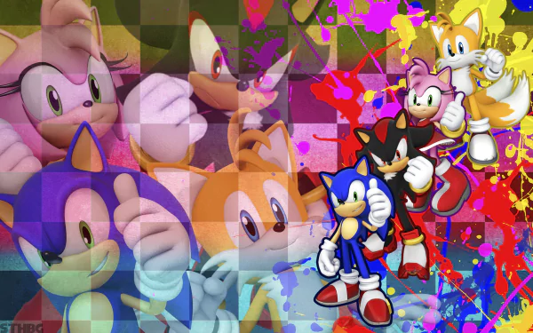 A vibrant HD wallpaper featuring Sonic the Hedgehog, Amy Rose, Cream the Rabbit, Tails, and Shadow, showcasing characters from Sonic & Sega All-Stars Racing against a colorful background.