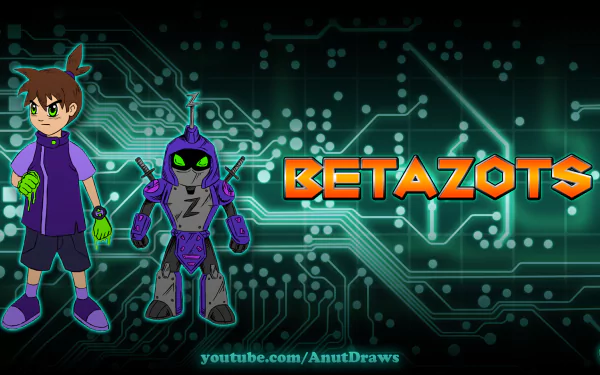 HD PC desktop wallpaper featuring anime-style characters from Medabots with a tech-inspired background and the title BETAZOTS in bold orange text.