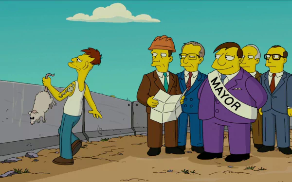 HD PC desktop wallpaper from The Simpsons Movie: Springfield’s mayor (MAYOR sash) and officials watch a scruffy barefoot man holding a dead rat by a concrete wall under a teal sky.