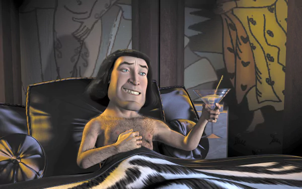 HD PC desktop wallpaper featuring Lord Farquaad from the movie Shrek, reclining with a smug expression while holding a martini glass.