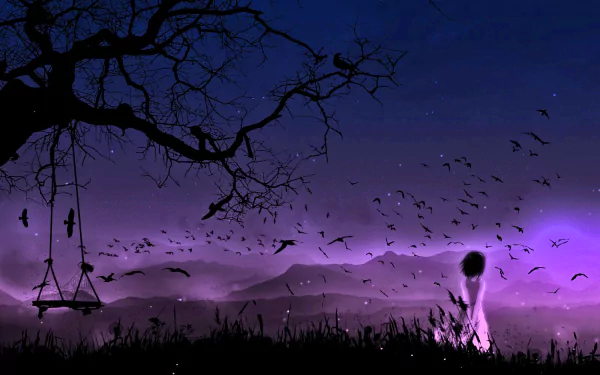 HD desktop wallpaper featuring a dark, gothic scene with a silhouetted swing hanging from a tree, bats flying in a purple twilight sky, and hazy mountains in the background.