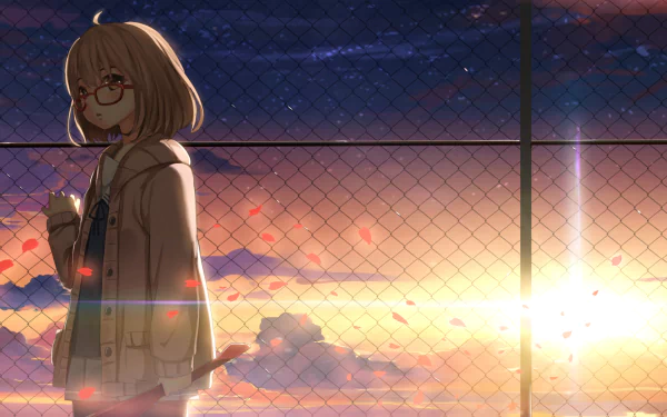 HD desktop wallpaper featuring Mirai Kuriyama from Beyond the Boundary, standing pensively by a fence at sunset.