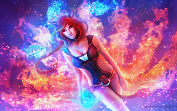 HD desktop wallpaper featuring Ahri from League of Legends, surrounded by vivid, swirling colors of fire and blue energy.