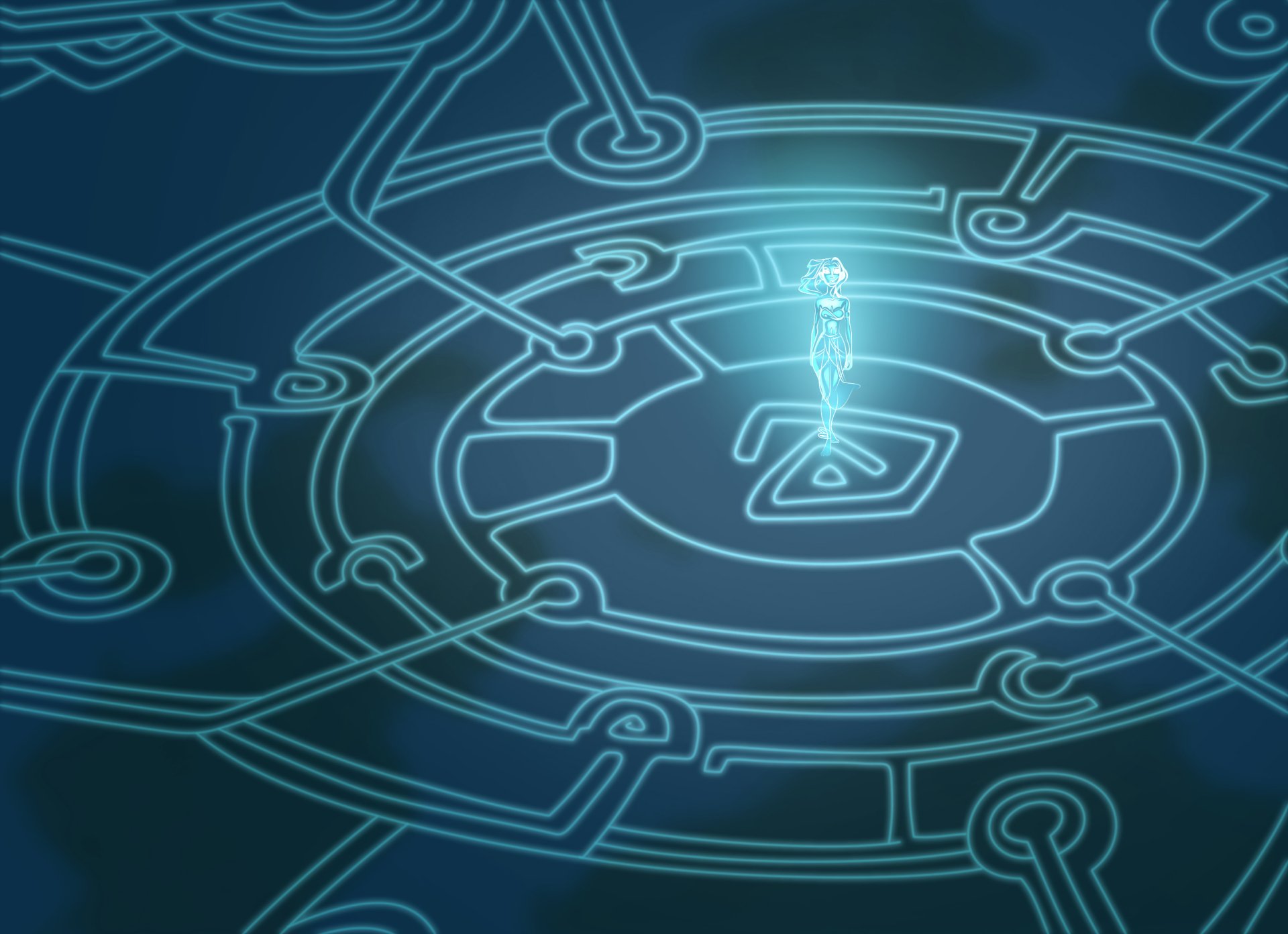 HD PC desktop wallpaper featuring a glowing figure standing in the center of a mystical, circular Atlantis-themed design from the movie Atlantis: The Lost Empire.