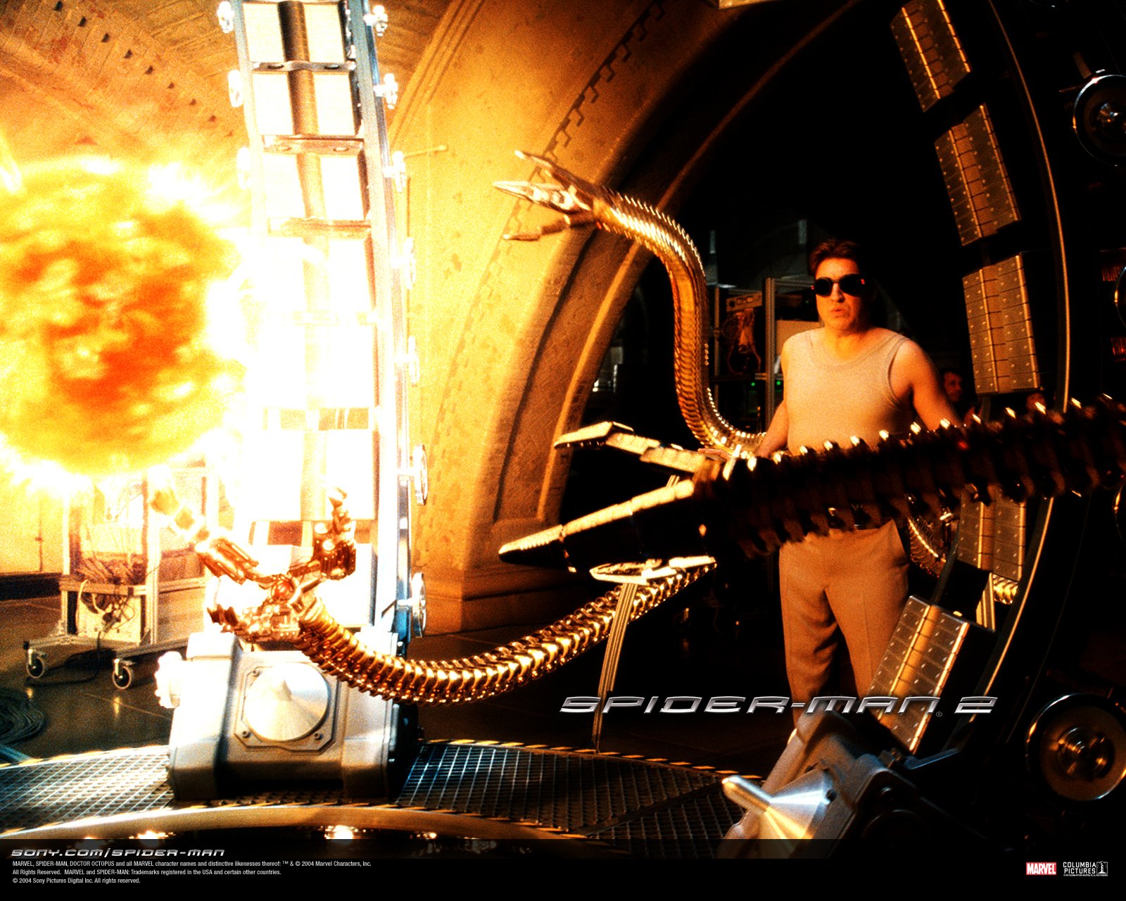 HD PC desktop wallpaper featuring a scene from Spider-Man 2 movie with Doctor Octopus and mechanical arms amidst a fiery explosion.